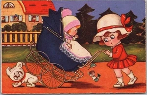 1932 Netherlands Greetings Postcard Baby Carriage Running Over Dog /Dutch Cancel - Picture 1 of 2