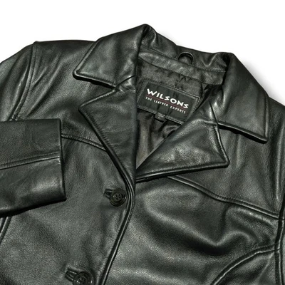 Abrigo de cuero Wilson's para mujer talla grande cuatro botones chaqueta negra *Excelente Foto 1 de 4