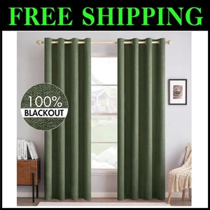 Blackout Linen Textured Curtains - Olive Green 52x84 - Picture 1 of 10