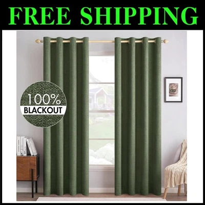 Blackout Linen Textured Curtains - Olive Green 52x84 - Image 1 of 4