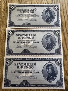🔥 LOT OF 3, HUNGARIAN 100 QUINTILLION, 1946 B-PENGO, P-131 CIRCULATED 🔥 - Picture 1 of 5