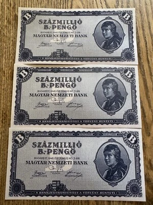 🔥 LOT OF 3,  HUNGARIAN 100 QUINTILLION, 1946 B-PENGO, P-131 CIRCULATED 🔥 - Image 1 of 4
