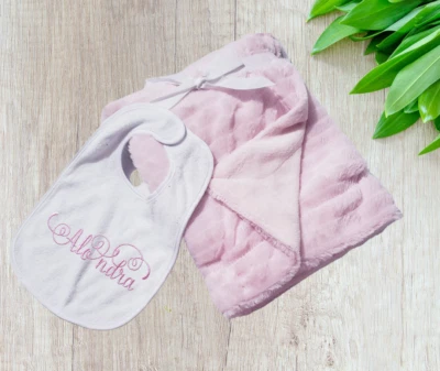 2 Ply Reversible Pink Soft Minky Baby Blankets 30" x 40" + Personalized Bib - Image 1 of 3