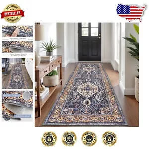 Machine Washable Gold Navy Hallway Runner Rug - Indoor Decorative Floor Carpet - Picture 1 of 9