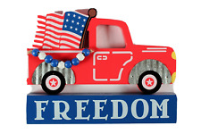 USA Patriotic Plaque Freedom Truck 9 X 7 Inches Wood Red White Blue