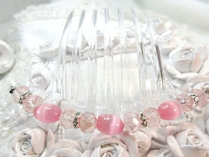 Pink Color Simulated Cats Eye Austrian Crystal French Comb office wedding - Picture 1 of 12