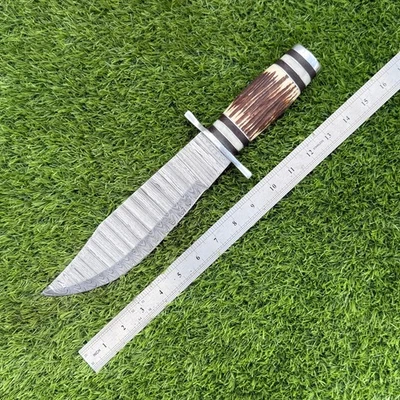 Cuchillo Bowie de acero Damasco hecho a mano premium - Funda para cuchillo de caza al aire libre 2519 Foto 1 de 4