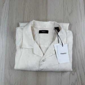 Theory Daze Shirt Linen Ivory Short Sleeve Summer Camp Mens Size L Large NEW - Picture 1 of 11