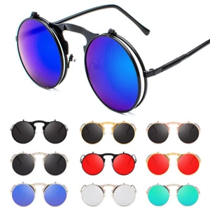 Vintage Round Flip Up Sunglasses John Lennon Style Retro Metal Circle Glasses - Picture 1 of 37