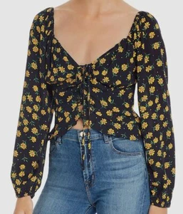 $155 Lost and Wander Women's Black Floral Lace-Up Long-Sleeve Blouse Crop Top S - Picture 1 of 2