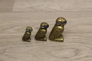 Vintage Brass Owls Paperweight Figures AOE Blue Glass Eyes 2.25" 1.75" 1.25"  - Picture 1 of 7