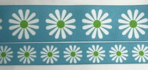 Floral Flowers grosgrain ribbon 7/8" 1.5" Blue Daisies Daisy Printed green white - Picture 1 of 5