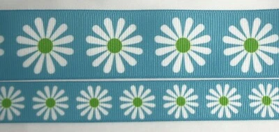 Fita de gorgorão floral flores 7/8" 1,5" margaridas azuis estampada verde branco - Imagem 1 de 4