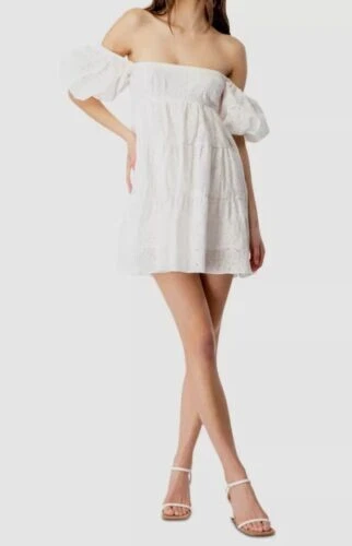 Bardot Women's White Sofia Off the Shoulder Eyelet Mini Dress Size AU12 US8