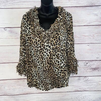 Agora Women Cheetah Print Top 1X Long Sleeve Fringe V-Neck Pleated A6 - Image 1 of 4