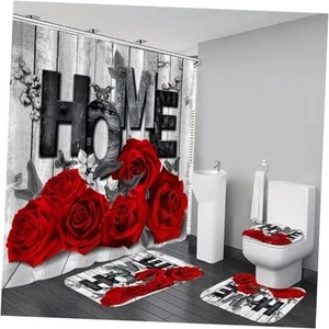 Red Rose 4 Pcs Shower Curtain Sets Non-Slip Rugs Bath Mat Toilet Cover U - Picture 1 of 7
