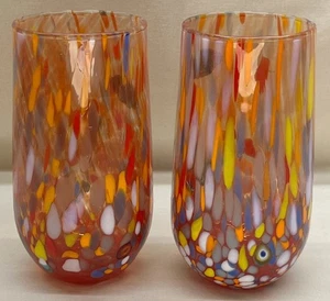 2 Murano Glass Vetro Eseguito Colorful Orange Tumblers Glasses 5 1/2" - Picture 1 of 6