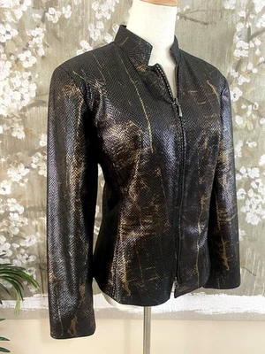 Chaqueta CACHE Negra Dorada Piel de Serpiente Estampado en Lámina Cremallera L/S Cóctel Oficina 12 Usada en Excelente Condición Foto 1 de 4