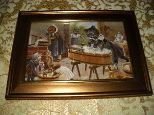 A CATS LAUNDRY DAY 4 X 6 gold framed animal picture Victorian style print - Picture 1 of 23