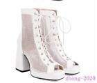 Women Mesh Lace Up Peep Toe Block Heel Sandals Casual Party Ol Dress Ankle Boots