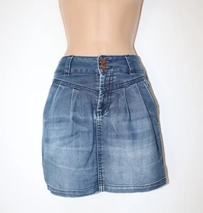 Women's VTG ONLY Blue Denim Stretch Pleated Short Mini Jean Skirt UK8 - Picture 1 of 14