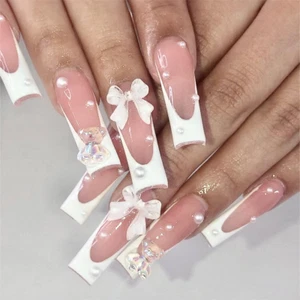White French Tip Press on Nails Long Square Fake Nails Matte Pink Full Cover Sol - Picture 1 of 12