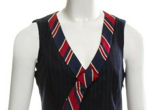 Abito MOSCHINO blu navy italiano lana vergine scollo cravatta spilla righe USA 2 IT38 nuovo con etichette