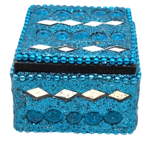 Jeweled Chinese Gift Trinket Box 1 3/4" Sparkling Blue Metallic w/ Matching Top - Picture 1 of 5