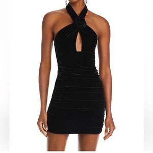 Bardot Inara Rosette Mini Dress Black Halter Velour Velvet Bodycon Ruched Small - Picture 1 of 14
