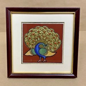 Tanjore Style Gold Foil Indian Art Peacock Matted & Framed 8.5" x 8.5" - Picture 1 of 7