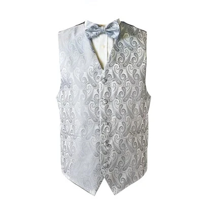 Oliver George Men's Paisley Formal Waistcoat Tuxedo Dress Vest Bow Large Silver - Image 1 of 4