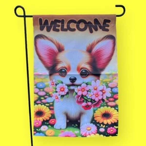 Cute Chihuahua Floral Welcome Garden Yard Flag, Double-Sided Pet Dog Flag, 12x18 - Picture 1 of 5