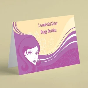 Geburtstagskarte Frau mit lila Haaren und Blumen Schwester - Bild 1 von 1