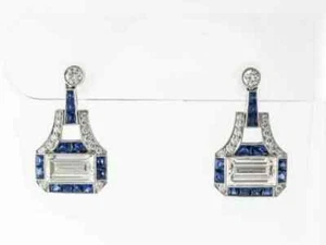 Pendientes de boda Art Deco rellenos de oro blanco de 14K diamantes y zafiros creados en laboratorio - Imagen 1 de 3