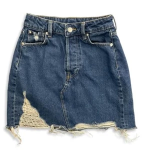 H&M minigonna donna 2 bottoni invecchiati blu mosca denim orlo grezzo retrò grunge - Foto 1 di 11