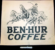 1920s Vintage Ben-Hur Coffee Ad Sign Poster Original Art Pen & Ink L.A. Wilshire