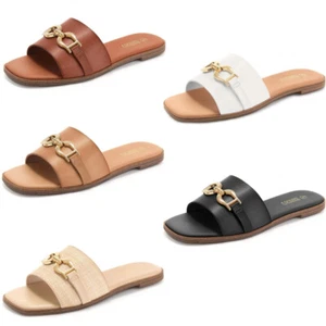 Women's Flat Sandals Summer Comfort Square Open Toe Slip On Leather Slide Sandal - Picture 1 of 41