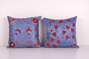 Pair Suzani Silk Cushion Cover from Uzbekistan, Set of Two Uzbek Pillow - Picture 1 of 4