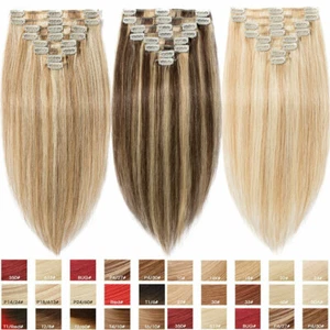 Natural 8 Piece Human 100% Remy Hair Extensions Clip In Weft Brown Ombre Long US - Picture 1 of 36