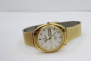 Vintage Men's JULES JURGENSEN Slimline Gold Tone Day Date Quartz Watch New Batt - Picture 1 of 6