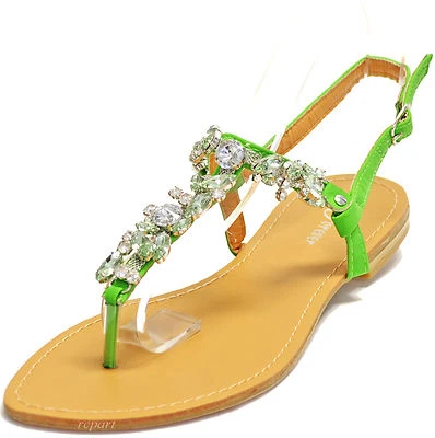 Nuevo Mujer Zapatos Punta Abierta T Correa Estrás Sandalias Verano Informal Verde Foto 1 de 4