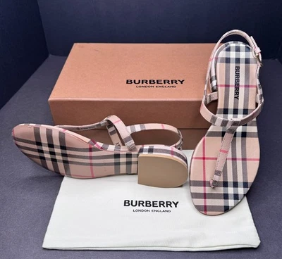 Burberry Emily Checked Women's Beige Slingback Low Heeled Sandals w/Dust Bag/Tag - Image 1 of 4