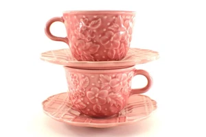Bordallo Pinheiro Ingrid Pink CUP & SAUCER Set 2 Embossed Flowers Dots Vintage - Picture 1 of 16