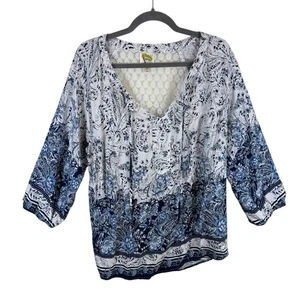 Camicetta leggera collo spacco manica 3/4 pizzo uncinetto blu bianco fico e fiore 2X - Foto 1 di 6