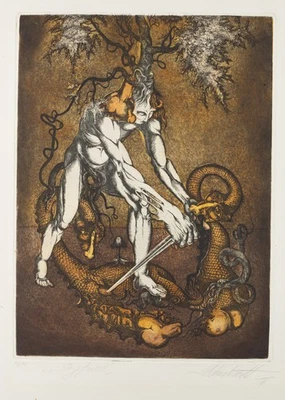 D. SCHUCHARDT (*1945), "Siegfried", Drachenkampf,  1976, Rad. Surrealismus - Bild 1 von 4