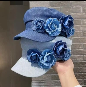 Sombrero boina de mezclilla flor mujer tridimensional contraste decoración floral vendedor de EE. UU. - Imagen 1 de 5