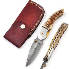 8" Foldable Damascus Camping Knife Ram Horn Handle Pocket Knife W/Leather Sheath