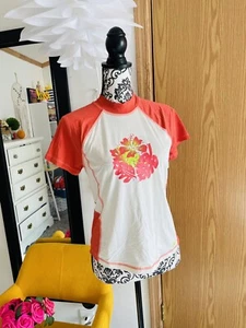 REI Girl’s Short Sleeve Raglan Tropical Print Rashguard Orange Cream Size XL - Picture 1 of 5