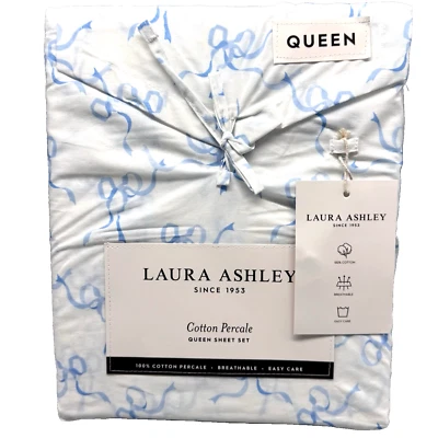 4pc Laura Ashley QUEEN Sheet Set Blue TRAILING RIBBON BOWS Coquette Cottage NEW - Image 1 of 4
