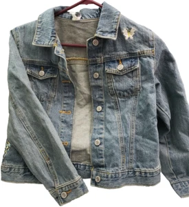 THE GAP Girls Size Large Floral Embroidered Button Jean Jacket Adjustable Waist - Picture 1 of 6